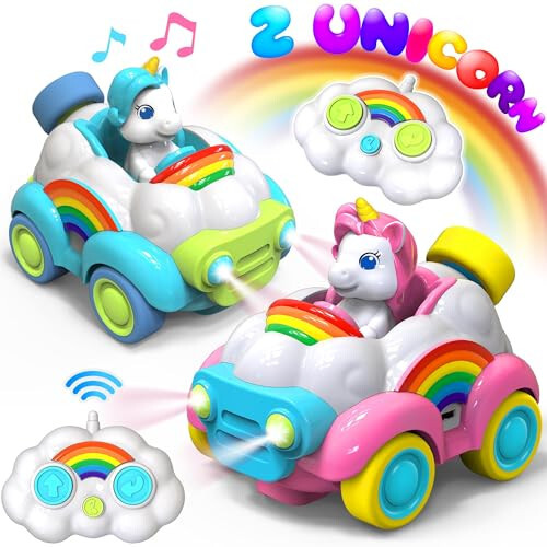 HopeRock Unicorn Toys Remote Control Cars,Toys for Ages 2-4,Gifts for 2 Year Old Girls 2 Pack with LED Lights,Music,and Sound,Birthday Gift for 2 3 4 5 6 Year Old Girls(Blue and Pink) - 1