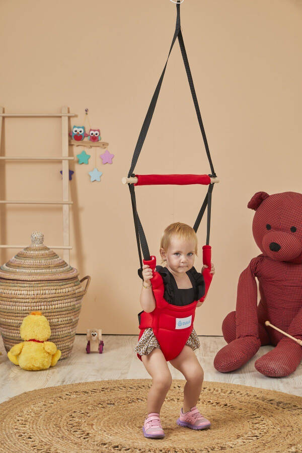 Hoppala Jumping Face Protected Kangaroo, Spring Balance Baby Walker Natural Wood Red - 1