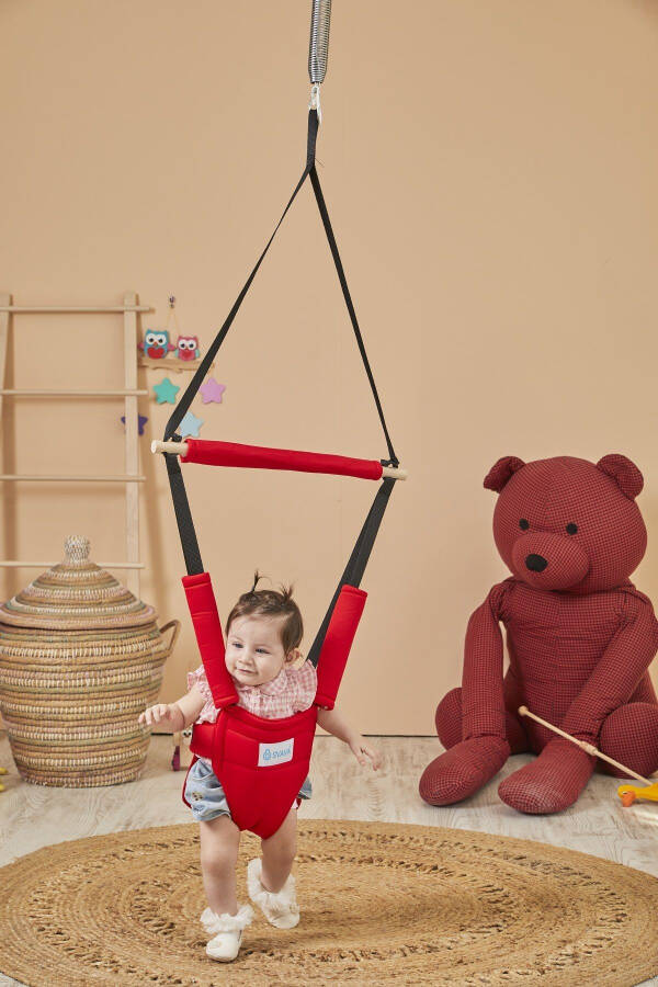 Hoppala Jumping Face Protected Kangaroo, Spring Balance Baby Walker Natural Wood Red - 2