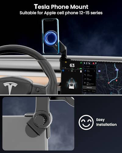 HOSEASON Tesla Telefon Stativi, 【Eng kuchli magnit kuchi】 Tesla Model 3/Y Aksessuarlari Tesla Ekran Telefon Stativi, Tesla Telefon Stativi iPhone 15/14/13/12 uchun 360° sozlanishi mumkin (Qora) - 6