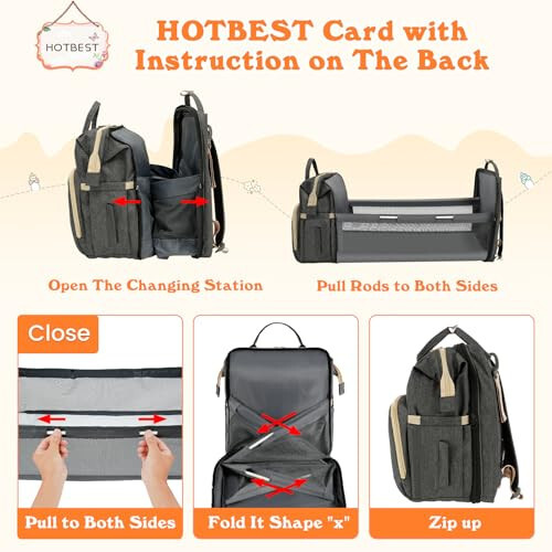 HOTBEST Bebek Bezi Sırt Çantası, Büyük Bebek Çantası, Bebek Bezi Değiştirme Çantaları Değiştirme Minderiyle, Çok Fonksiyonlu Su Geçirmez Seyahat Essentials Bebek Çantası, Unisex ve Şık - 7