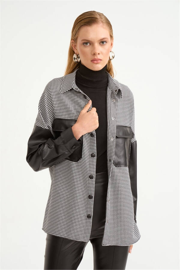 Houndstooth Shirt with Leather Details - Black - 2