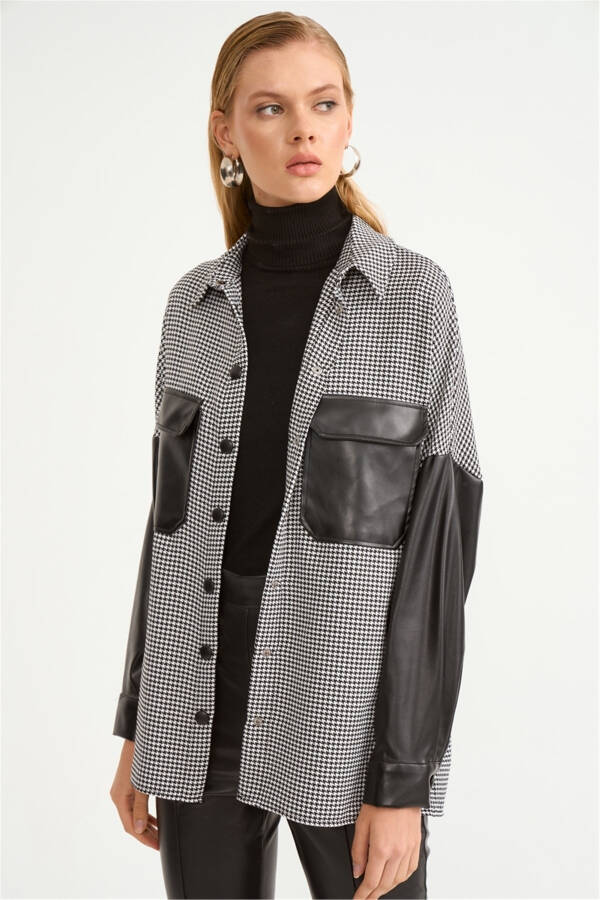 Houndstooth Shirt with Leather Details - Black - 3