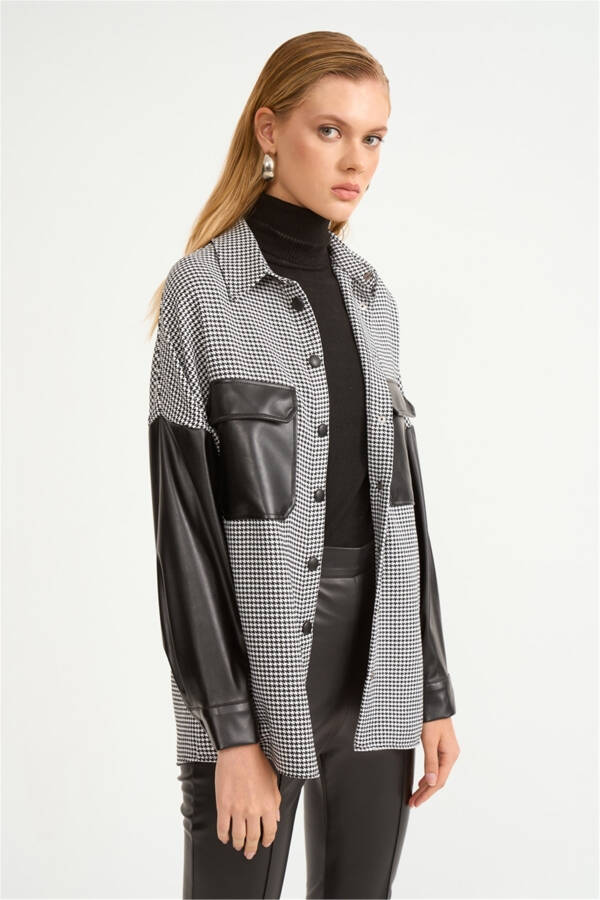 Houndstooth Shirt with Leather Details - Black - 4