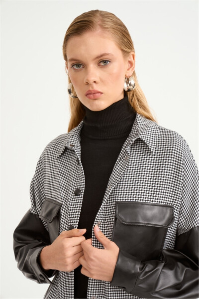 Houndstooth Shirt with Leather Details - Black - 5