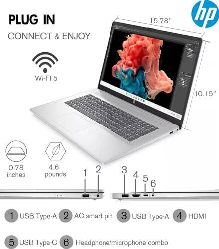 HP 2024 En Yeni 17 İnç Dizüstü Bilgisayar, 17.3” HD+ Dokunmatik Ekranlı Dizüstü Bilgisayar, Intel Pentium Silver N5030, 64GB DDR4 RAM, 2TB SSD, Windows 11, 1 Yıllık Office 365, Uzun Pil Ömrü, Web Kamerası, Wi-Fi, USB-C, Gümüş - 5