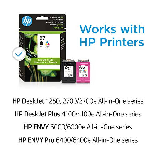 HP 67 Black/Tri-color Ink Cartridges (2 Pack) | Works with HP DeskJet 1255, 2700, 4100 Series, HP ENVY 6000, 6400 Series | Eligible for Instant Ink | 3YP29AN - 3