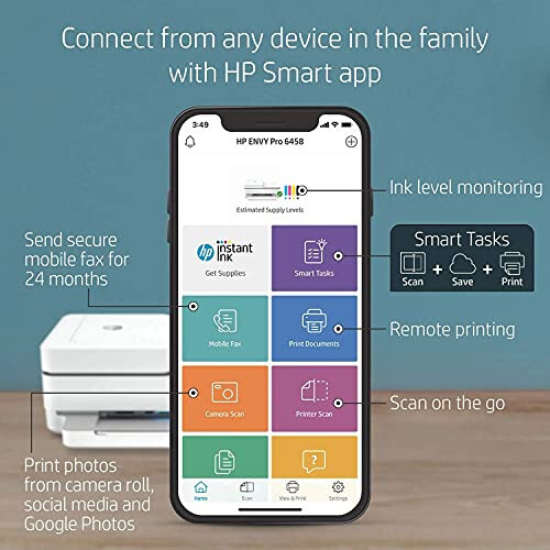 HP Envy Pro 6458 Hepsi Bir Arada Kablosuz Yazıcı: Kolay Yazdırma, Tarama, Fotoğraf Kopyalama, Faks İşlemleri, Yüksek Verimli Mürekkep Kararlılığı, Kenarsız, Çift Taraflı Baskı Ev ve Ofis İçin, 5SE48A (Yenilenmiş) - 3