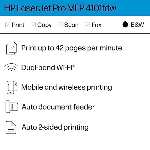 HP LaserJet Pro MFP 4101fdw Simsiz Qora va Oq Ko'p Funktsiyali Lazer Printer, Skaner, Nusxa Ko'chirish Mashinasi, Faks, Ofis Uchun Eng Yaxshi (2Z619F) - 2