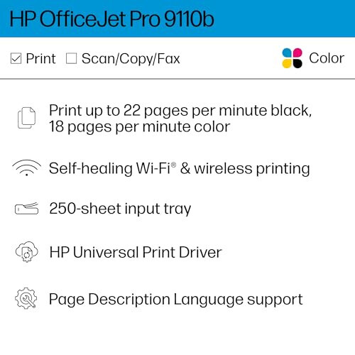 HP OfficeJet Pro 9110b Беспроводной цветной струйный принтер, печать, двусторонняя печать, оптимальный для офиса (5A0S1A) - 3