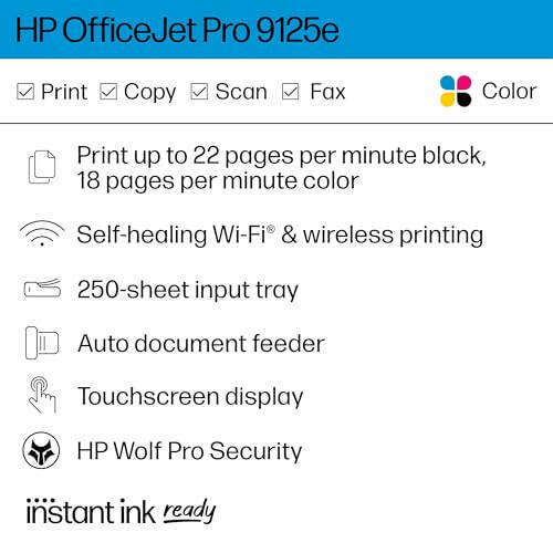 HP OfficeJet Pro 9125e All-in-One Printer, Color, Printer-for-Small Medium Business, Print, Copy, scan, fax,Touchscreen; Smart Advance Scan, 3 months of Instant Ink included - 2