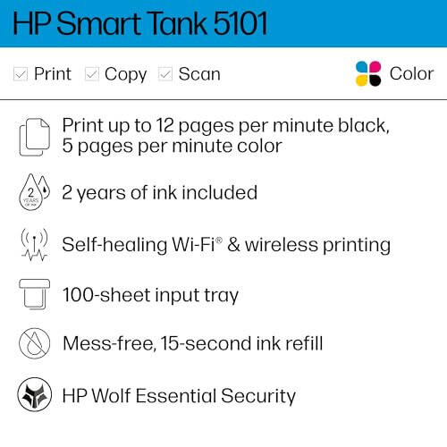 HP Smart Tank 5101 Wireless All-in-One Ink Tank Printer with 2 years of ink included, Print, scan, copy, Best-for-home, Refillable ink tank (1F3Y0A) - 2