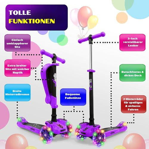 Hurtle 3 Tekerlekli Çocuk Scooter - Tekerlek LED Işıkları, Ayarlanabilir Eğilebilen Direksiyon, Katlanabilir Koltuk - Erkek ve Kız Çocukları İçin 1-14 Yaş Arası Frenli Oturmalı veya Ayakta Sürme - 20