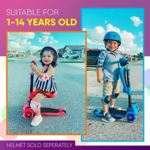 Hurtle 3-Wheeled Scooter for Kids - Wheel LED Lights, Adjustable Lean-to-Steer Handlebar, and Foldable Seat - Sit or Stand Ride with Brake for Boys and Girls Ages 1-14 Years Old - 14