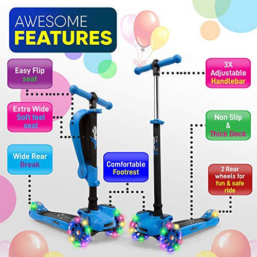 Hurtle 3-Wheeled Scooter for Kids - Wheel LED Lights, Adjustable Lean-to-Steer Handlebar, and Foldable Seat - Sit or Stand Ride with Brake for Boys and Girls Ages 1-14 Years Old - 17