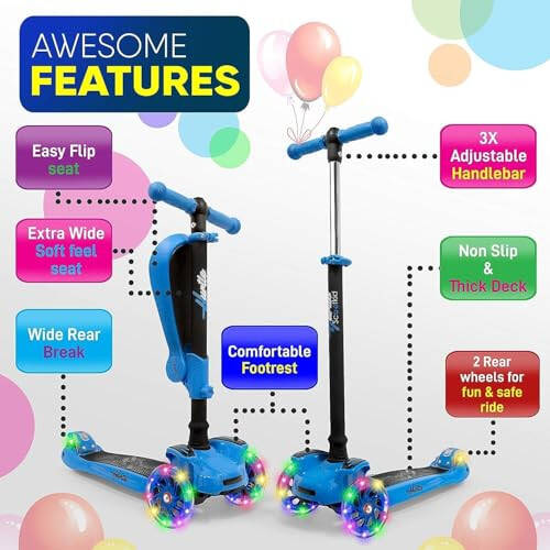 Hurtle 3-Wheeled Scooter for Kids - Wheel LED Lights, Adjustable Lean-to-Steer Handlebar, and Foldable Seat - Sit or Stand Ride with Brake for Boys and Girls Ages 1-14 Years Old - 11