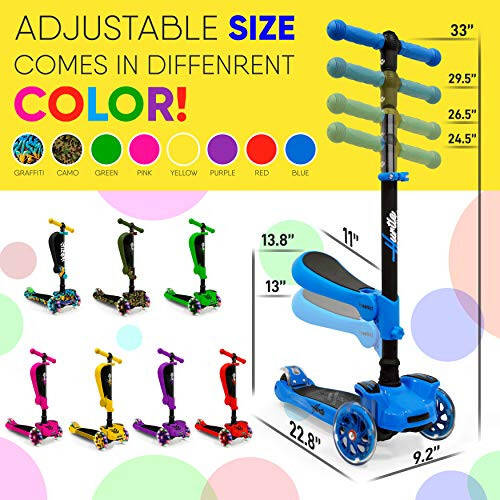 Hurtle 3-Wheeled Scooter for Kids - Wheel LED Lights, Adjustable Lean-to-Steer Handlebar, and Foldable Seat - Sit or Stand Ride with Brake for Boys and Girls Ages 1-14 Years Old - 6