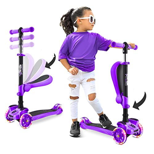 Hurtle 3-Wheeled Scooter for Kids - Wheel LED Lights, Adjustable Lean-to-Steer Handlebar, and Foldable Seat - Sit or Stand Ride with Brake for Boys and Girls Ages 1-14 Years Old - 26