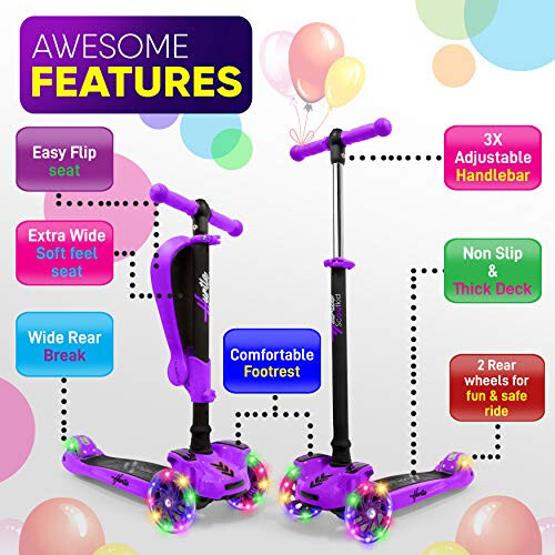 Hurtle 3-Wheeled Scooter for Kids - Wheel LED Lights, Adjustable Lean-to-Steer Handlebar, and Foldable Seat - Sit or Stand Ride with Brake for Boys and Girls Ages 1-14 Years Old - 28