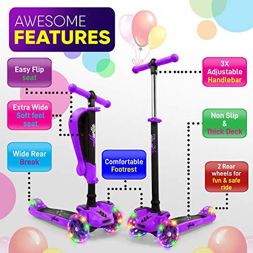 Hurtle 3-Wheeled Scooter for Kids - Wheel LED Lights, Adjustable Lean-to-Steer Handlebar, and Foldable Seat - Sit or Stand Ride with Brake for Boys and Girls Ages 1-14 Years Old - 14