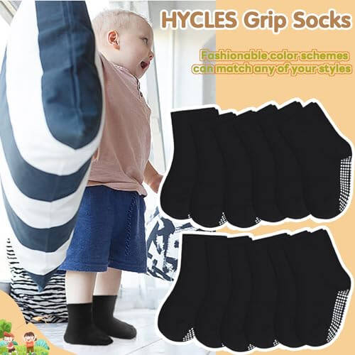 HYCLES Toddler Non Slip Grip Socks 12 Pairs Baby Boy/Girl High Ankle Sticky Slipper Floor Skid Socks For 1-10T Boy Kids - 44