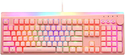 i-rocks K71M RGB Mechanical Gaming Keyboard with Media Control Knob, Gateron Switches (Red), 107 Keys w/Full NKRO, PBT Keycaps, Multimedia Hotkeys, Detachable USB-C Cable and Onboard Storage, Pink - 1