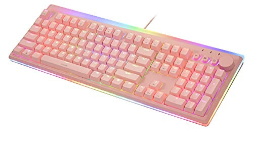 i-rocks K71M RGB Mechanical Gaming Keyboard with Media Control Knob, Gateron Switches (Red), 107 Keys w/Full NKRO, PBT Keycaps, Multimedia Hotkeys, Detachable USB-C Cable and Onboard Storage, Pink - 2