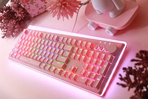 i-rocks K71M RGB Mechanical Gaming Keyboard with Media Control Knob, Gateron Switches (Red), 107 Keys w/Full NKRO, PBT Keycaps, Multimedia Hotkeys, Detachable USB-C Cable and Onboard Storage, Pink - 6