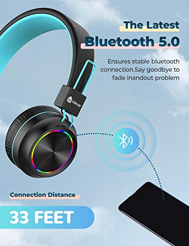 iClever BTH03 Çocuk Bluetooth Kulaklıkları Güvenli Ses Seviyesi, Renkli LED Işıklar, 25 Saat Oynatma Süresi, Stereo Ses Mikrofonu, Bluetooth 5.0, Katlanabilir, Kulak Üstü Çocuk Kablosuz Kulaklık Tablet İçin (Siyah) - 4