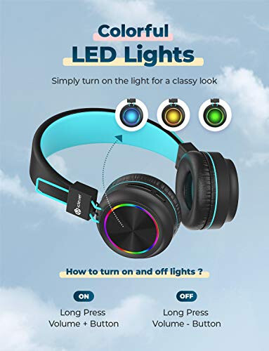 iClever BTH03 Kids Bluetooth Headphones Safe Volume, Colorful LED Lights, 25H Playtime, Stereo Sound Mic, Bluetooth 5.0, Foldable, On Ear Kids Wireless Headphones for Tablet (Black) - 2