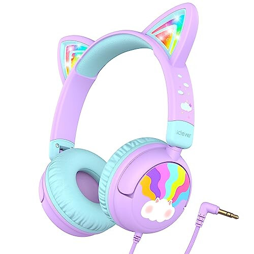 iClever Kids Headphones Cat Ear, LED Light Up, 85dBA Safe Volume, Stereo Sound Toddler Headphones for Travel School, Foldable 3.5mm Wired Kids Headphones for iPad Tablets, Meow Lollipop-Purple - 1