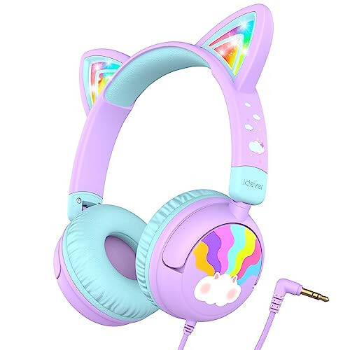 iClever Kids Headphones Cat Ear, LED Light Up, 85dBA Safe Volume, Stereo Sound Toddler Headphones for Travel School, Foldable 3.5mm Wired Kids Headphones for iPad Tablets, Meow Lollipop-Purple - 1