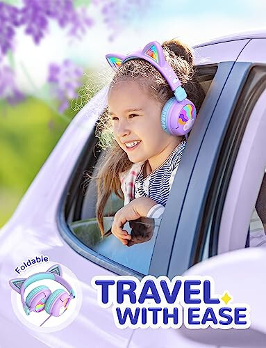 iClever Kids Headphones Cat Ear, LED Light Up, 85dBA Safe Volume, Stereo Sound Toddler Headphones for Travel School, Foldable 3.5mm Wired Kids Headphones for iPad Tablets, Meow Lollipop-Purple - 6