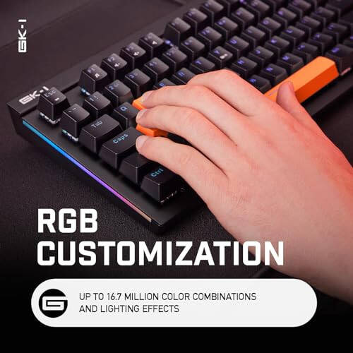 Игровая клавиатура GameCom GK-1 - Настраиваемая RGB-подсветка - Индивидуально подсвечиваемые клавиши - Оптические переключатели Kailh Blue Clicky - Выпускное издание Orange - 5