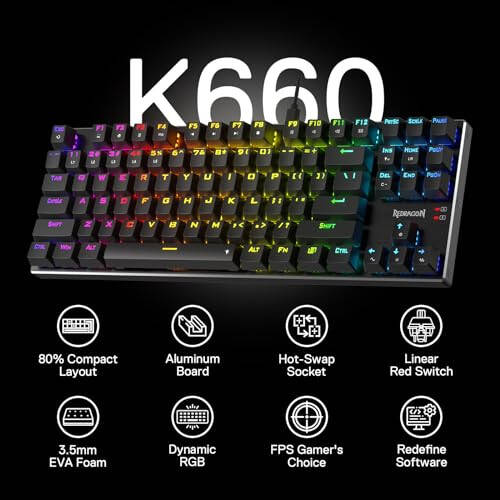 Игровая клавиатура Redragon K660 (K556 TKL) RGB с проводным подключением, 80% 87 клавиш механическая клавиатура с алюминиевой основой, обновленный разъем для горячей замены и шумопоглощающие пенопласты, тихий линейный красный переключатель - 2