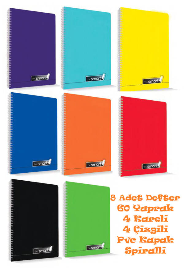 I'M Smart Defter A4 Okul Defteri 60 Yaprak 8 ADET 4 KARELİ 4 ÇİZGİLİ Spralli Pp Kapak Defter Seti - 1