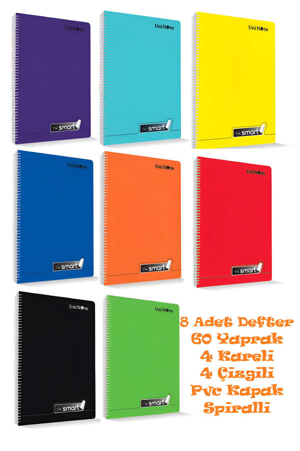 I'M Smart Defter A4 Okul Defteri 60 Yaprak 8 ADET 4 KARELİ 4 ÇİZGİLİ Spralli Pp Kapak Defter Seti - 3