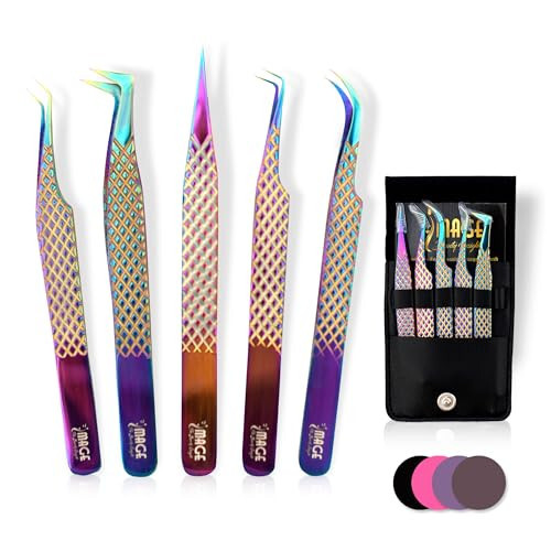 IMAGE 5 Pcs Japanese Steel Lash Tweezers Set With Leather Case, Professional Eyelash Tweezers for Lash Extensions - Titanium Coated Tips, 90 & 45 Degree, Pointed Eyelash Extension Tweezers (Multi-Color) - 1