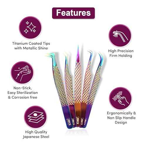 IMAGE 5 Pcs Japanese Steel Lash Tweezers Set With Leather Case, Professional Eyelash Tweezers for Lash Extensions - Titanium Coated Tips, 90 & 45 Degree, Pointed Eyelash Extension Tweezers (Multi-Color) - 2