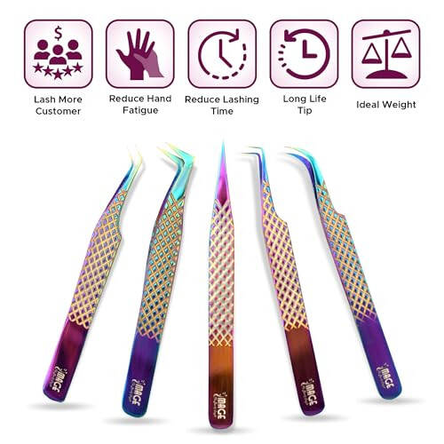 IMAGE 5 Pcs Japanese Steel Lash Tweezers Set With Leather Case, Professional Eyelash Tweezers for Lash Extensions - Titanium Coated Tips, 90 & 45 Degree, Pointed Eyelash Extension Tweezers (Multi-Color) - 6