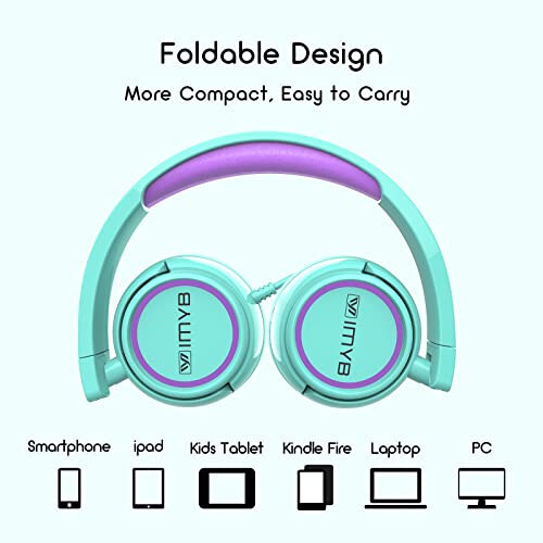 IMYB V1 Kids Headphones, Wired Stereo Foldable Tangle-Free 3.5mm Adjustable On-Ear Headphones for Kids for School/Toddlers/Childrens/Teens/Boys/Girls/Ipad/Tablet/Kindle/Phones/Travel/Plane (Green) - 5