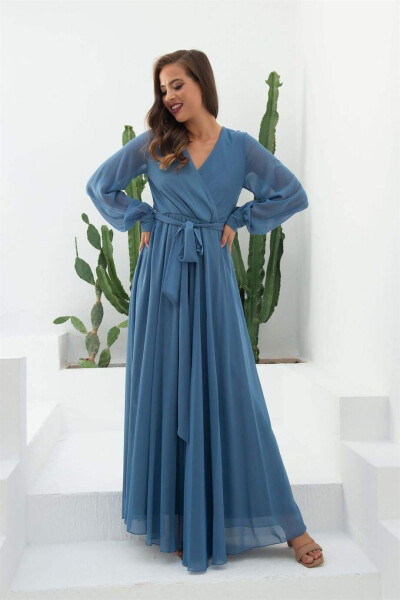 Indigo Chiffon Wrap Long Dress - 1