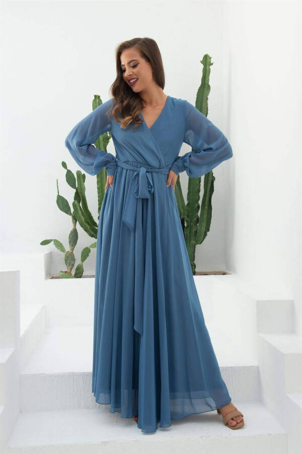 Indigo Chiffon Wrap Long Dress - 7