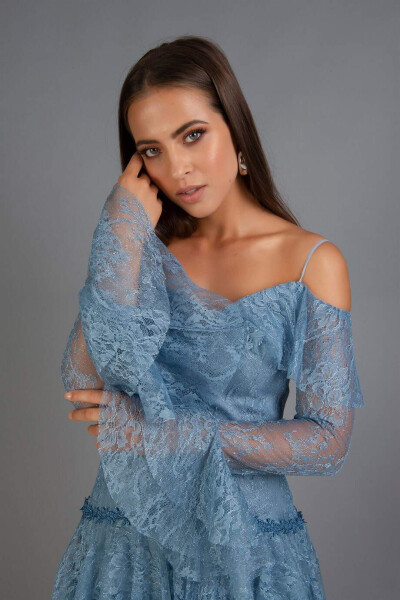 Indigo Lace Long Sleeve Short Dress - 2