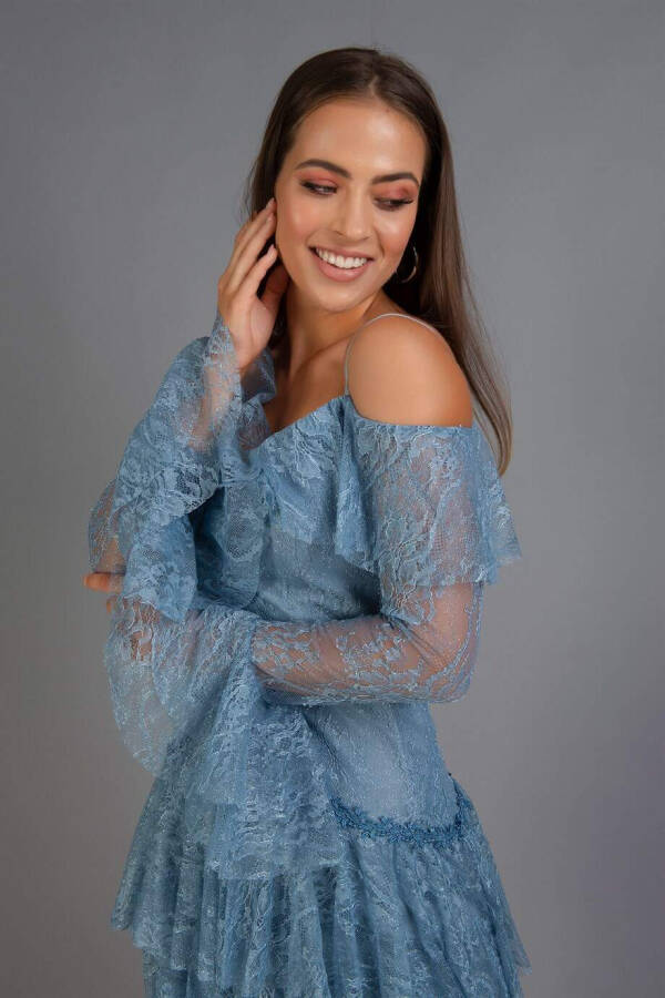 Indigo Lace Long Sleeve Short Dress - 4