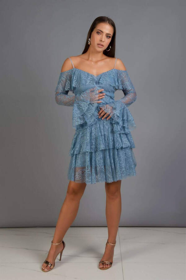 Indigo Lace Long Sleeve Short Dress - 8