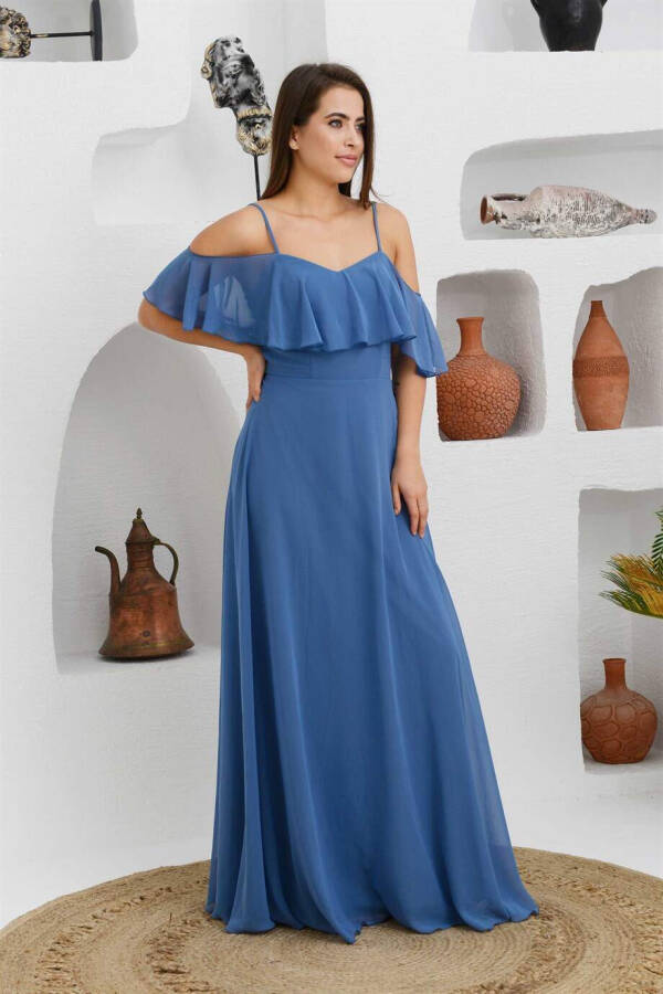 Indigo Low-Sleeved Strapless Long Evening Dress - 3