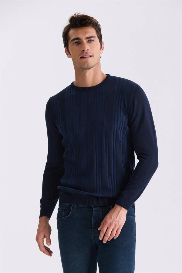 Indigo Slim Fit Crew Neck Patterned Knit Sweater - 5