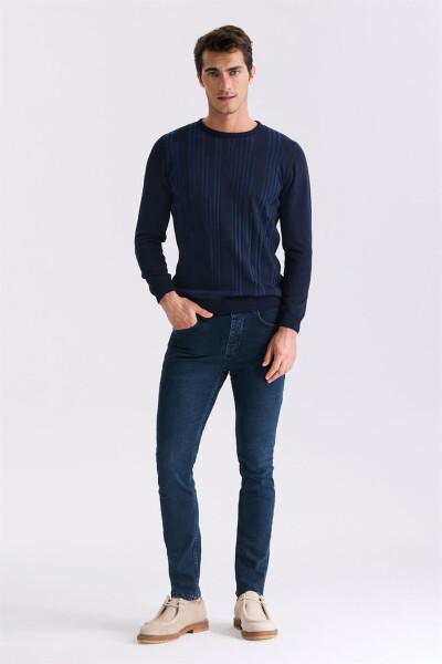 Indigo Slim Fit Crew Neck Patterned Knit Sweater - 6