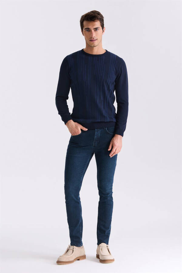 Indigo Slim Fit Crew Neck Patterned Knit Sweater - 6